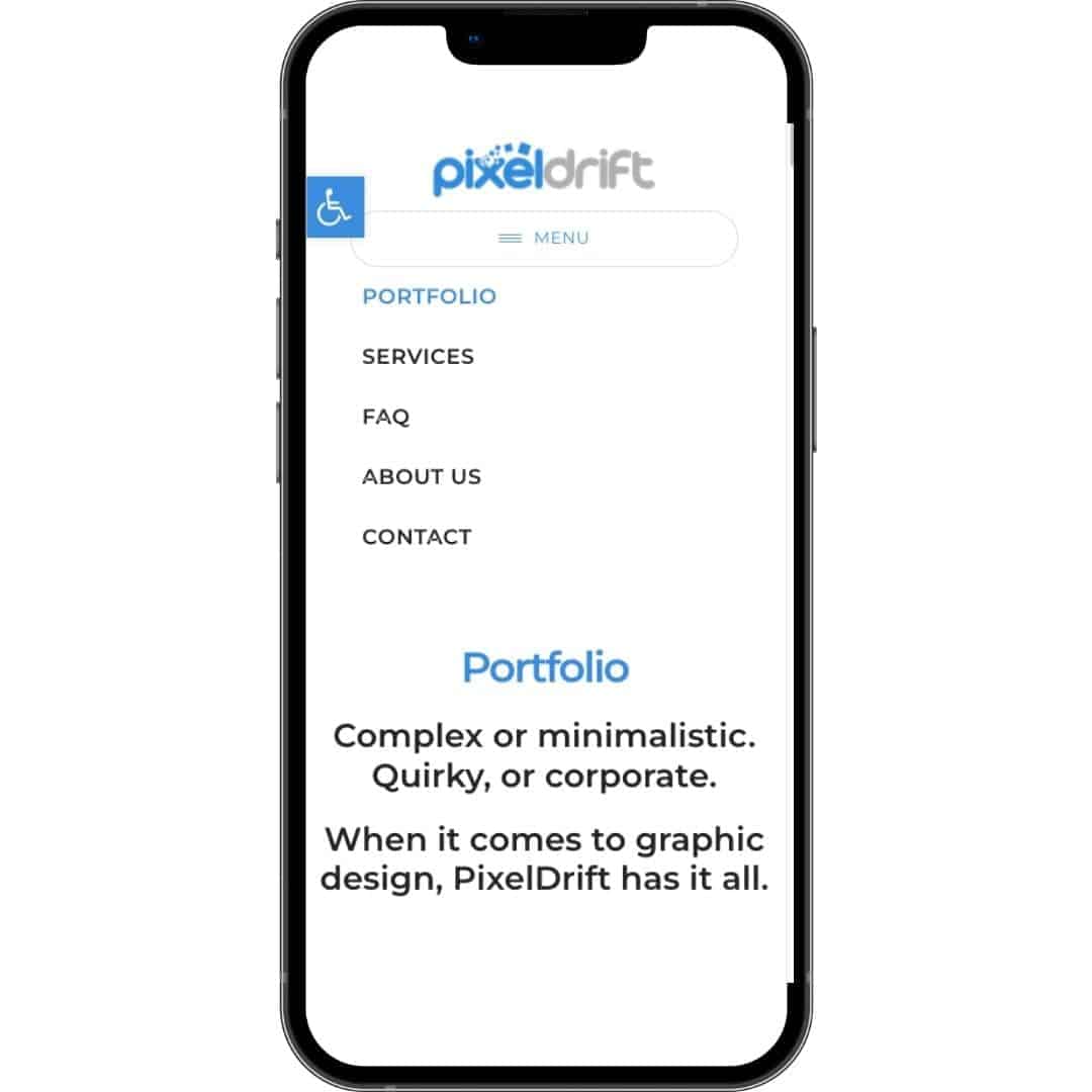 image of PixelDrift mobile menu on iphone