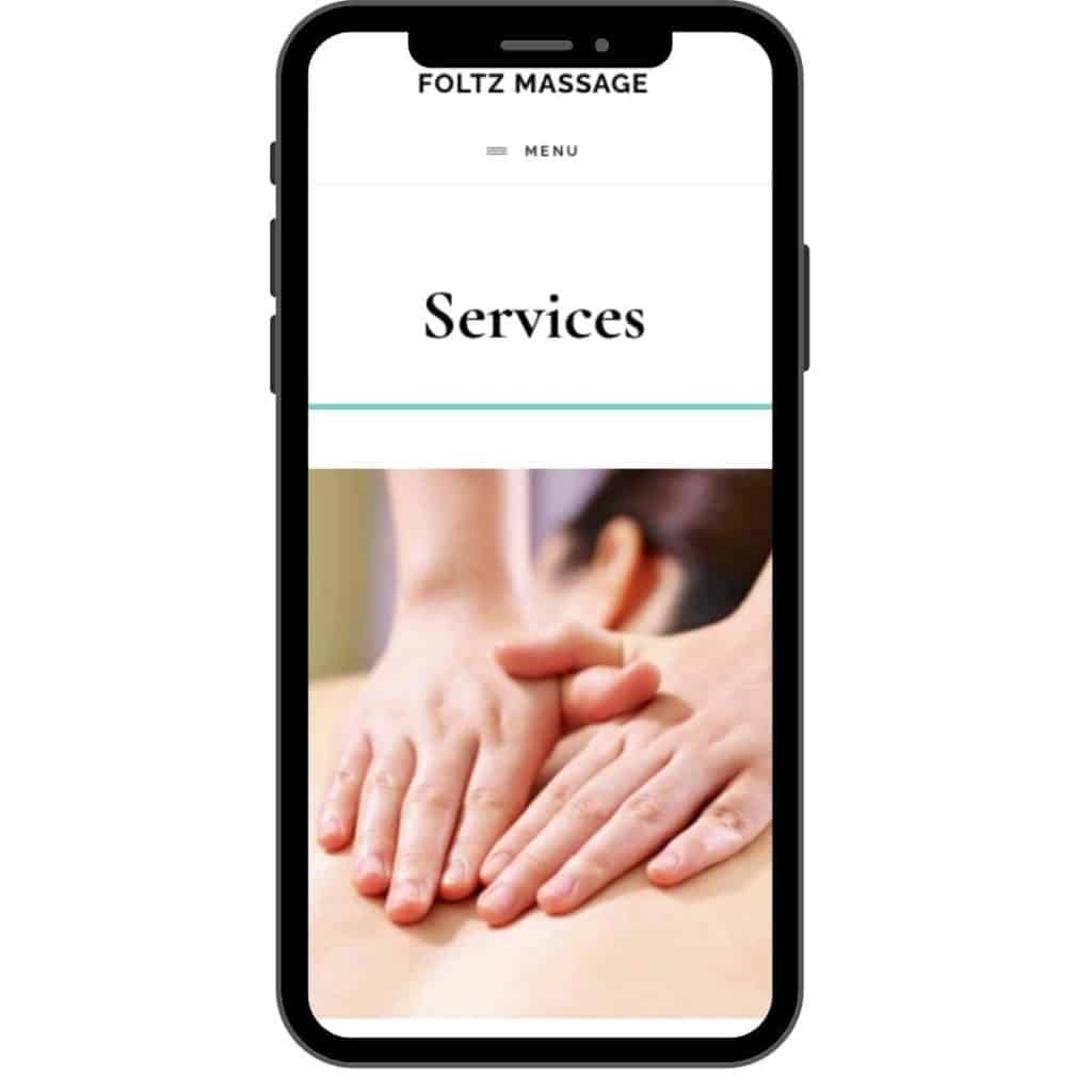 Image of Foltz Massage Service page on a mobile phone