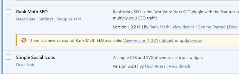 Image of individual plugins that need updating in a wordpress dashboard