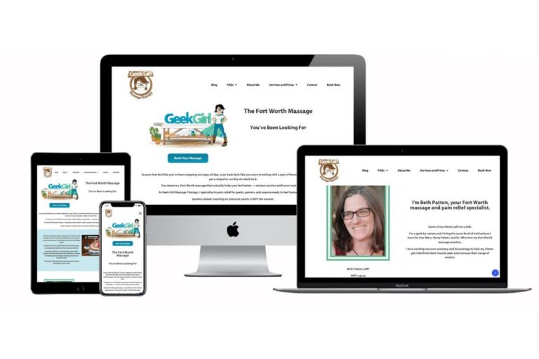 Geek Girl Massage Therapy website design shown on desktop, tablet, and mobile devices