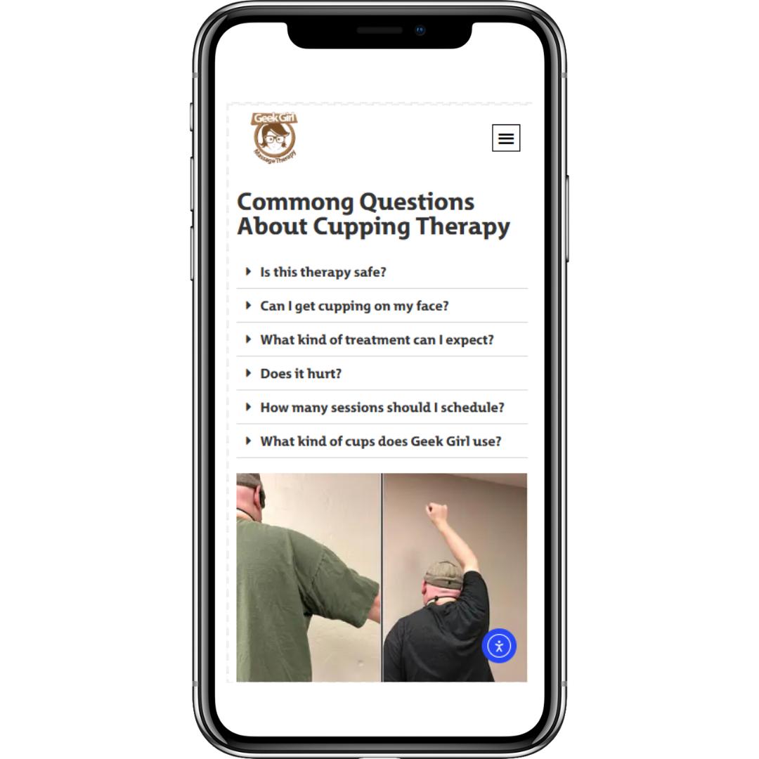 Geek Girl cupping massage service page on an iphone